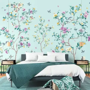 Origin Murals Oriental Flower Tree Blue Matt Smooth Paste the Wall Mural 350cm wide x 280cm high