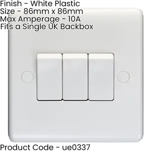 2 PACK 3 Gang Triple 10A Light Switch 2 Way - WHITE PLASTIC Wall Plate Rocker