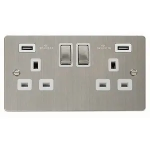 Flat Plate Stainless Steel 2 Gang 13A DP Ingot 2 USB Twin Double Switched Plug Socket - White Trim - SE Home