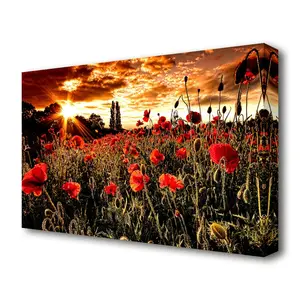 Red Poppy Field At Sunset Flowers - Wrapped Canvas Print 101.6 cm H x 142.2 cm W