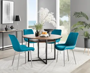 Adley Brown Wood Effect And Black Round Dining Table with Storage Shelf and 4 Blue Velvet Silver Leg Pesaro Dining Chairs