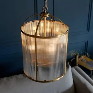 Luminosa Lambeth Ribbed Glass 4 Light Ceiling Pendant Antique Brass