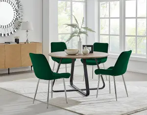 Furniturebox UK Santorini Brown Round Round Dining Table And 4 Green Pesaro Silver Leg Chairs