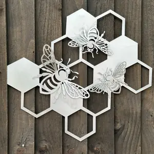 Large Bee Honeycomb Wall Art silver metal home or garden decoration