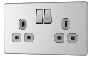 Colours Steel Double 13A Socket & Grey inserts