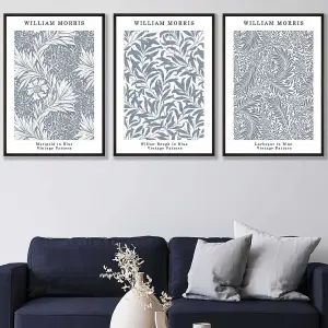 Set of 3 Framed Blue William Morris Vintage Floral / 50x70cm / Black