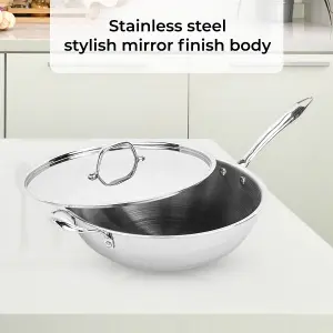 Royalford Triply Stainless Steel Wok Pan with Lid, Long Handle Deep Stir Fry Pan with Induction Base 30cm