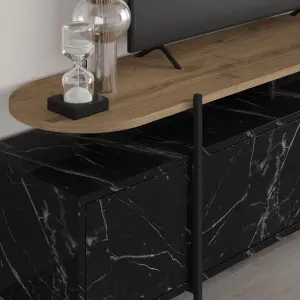 Decortie Hanley Modern TV Unit Multimedia Centre Black Marble Effect Oak Effect With Storage TV Cabinet 160cm