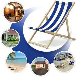 Folding Wood Deck Chair Wooden Beach Chair Seaside Sun Lounger Outdoor Garden Recliner Folding Deck Chair - Blue & White