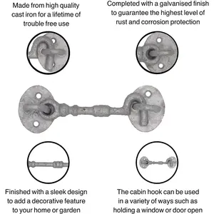 EAI Cabin Hook Iron Strong Hold Back Gate or Door Hook Barrel Style Cast Iron - 100mm - Galvanised