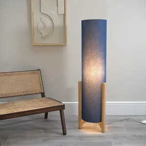 ValueLights Henry Wooden Oak Effect Midi Floor Lamp with Navy Blue Cylinder Shade - LED Bulb Included