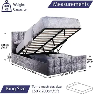 Single Silver Crushed Velvet Ottoman Storage Lift Up Bed Frame