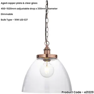 Hanging Ceiling Pendant Light - Aged Copper Plate & Clear Glass - 10W LED E27