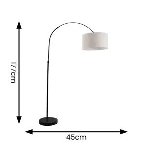 ValueLights Louis Black Metal Arched Floor Lamp with Linen White Trim Drum Shade and LED Bulb