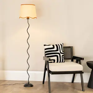 ValueLights Wiggle Black Metal Single Stem Floor Lamp with Linen Scallop Rust Trim Tapered Shade