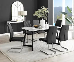 Furniturebox UK Carson White Marble Effect Dining Table & 6 Black Lorenzo Chairs