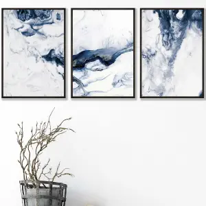 Set of 3 Navy Blue Abstract Ocean Waves Wall Art Prints / 30x42cm (A3) / Black Frame