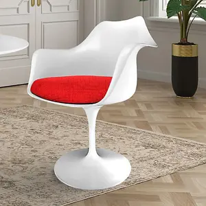 White Tulip Armchair with Red Textured Cushion