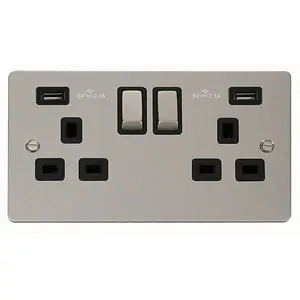 Flat Plate Pearl Nickel 2 Gang 13A DP Ingot 2 USB Twin Double Switched Plug Socket - Black Trim - SE Home