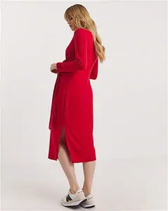 Outlet - Size 10 - Red Ribbed Wrap Midi Dress