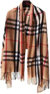 (Beige) Men Ladies Women Classic Checked Tartan Print Plain Tassel Scarf Burberry Style