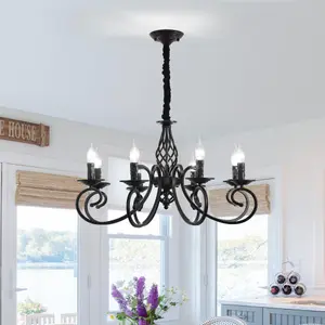 Garwarm Black 8 Lights French Country Chandelier Vintage Iron Pendant Light