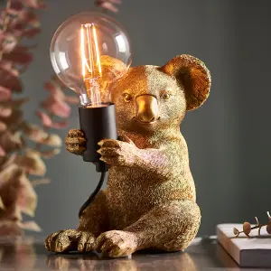 Vintage Gold Koala Table Light - Resin Figure - Matt Black Lamp Holder