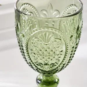 Set of 12 Vintage Luxury Green Embossed Drinking Goblet Wine Glasses 310ml