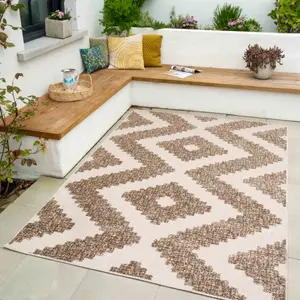 Natural Beige Textured Geometric All-Weather Indoor Outdoor Flatweave Rug 200x290cm