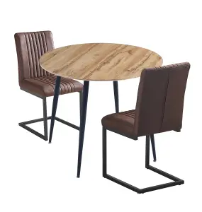 Hallowood Furniture Cullompton Small Round Dining Table 90cm Oak Effect Top with 2 Brown Leather Effect Chairs