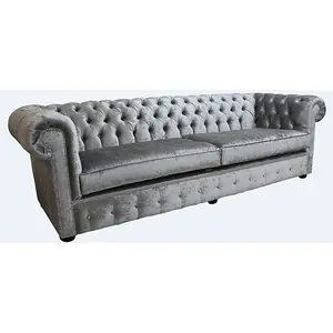 Chesterfield 4 Seater Sofa Settee Modena Silver Grey Velvet Fabric In Classic Style