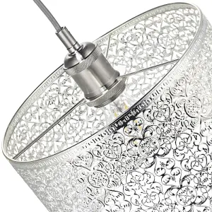 Ornate Moroccan Style Decorated Shiny Silver Metal Pendant Shade 25cm x 15cm