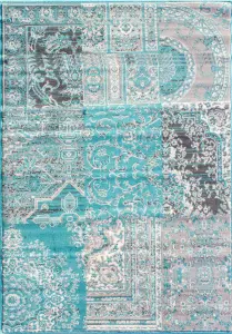 Aqua Blue Grey Traditional Patchwork Living Room Rug 120x170cm