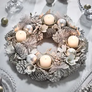 White Frosted Round Table Centrepiece Christmas Decoration Candle Holder Tealight Holder 30cm