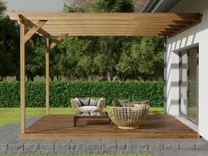 Wall mounted pergola and decking complete diy kit, Champion design (4.8m x 4.8m, Rustic brown finish)