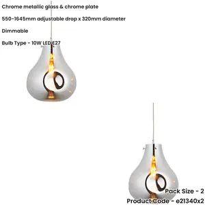 2 PACK Hanging Ceiling Pendant Light - Large Chrome Metallic Glass & Chrome Plate - 10W LED E27