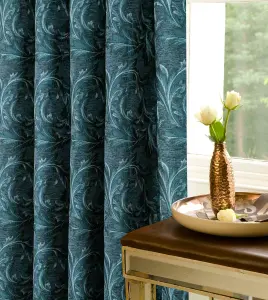 Home Curtains Georgia Chenille Fully Lined Floral 45w x 54d" (114x137cm) Teal Pencil Pleat Curtains (PAIR)