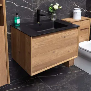 Matterhorn Natural Oak Wall Hung Bathroom Vanity Unit with Black Basin (W)750mm (H)450mm