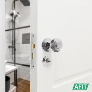 AFIT Beehive Bathroom Door Knob Set Satin Chrome - 1 Pair of Reeded Mortice Knobs (55mm), Lock (80mm) & Hinges (76mm)