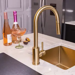 Flode Runda Kitchen Sink Mixer with Pull out Spray Brushed Brass Square Head