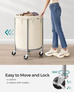 SONGMICS Laundry Basket on Wheels, Laundry Trolley, Round Laundry Hamper with Steel Frame and Removable Bag, Cream and Silver