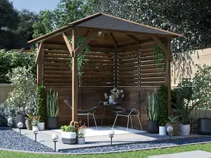 Dunster House Wooden Gazebo Louvre Wall 2m x 2m Garden Shelter Roof Shingles Utopia 200