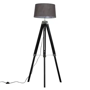 ValueLights Clipper Black Wood and Silver Chrome Tripod Floor Lamp with Grey Tapered Shade - Includes 6w LED GLS Bulb 3000K