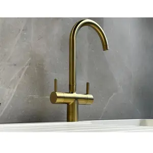 Liquida W03BG Monobloc Swan Neck Twin Lever Brushed Gold Kitchen Mixer Tap