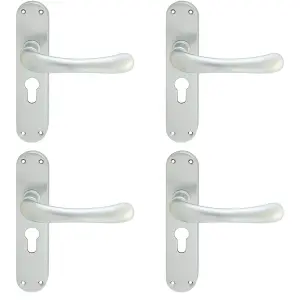 4 PACK - Rounded Smooth Latch & EURO Lock Door Handle - Satin Chrome Lever on Backplate