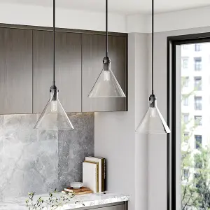 Matte Black 1 Light Pendant Ceiling Light with Clear Glass Lampshade Dia 240mm