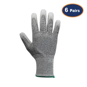 Safety Work Gloves Large Size Grey MR Cut Resistance PU Palm Hands Glove 6Pcs