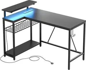 Thielsen 48" L Shaped Computer Desk With Power Outlet, LED Gaming Or Work Desk With Monitor Stand Borough Wharf Colour: Black