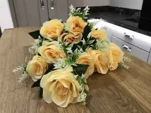 Best Artificial 12 Head Yellow Rose Flower Spray Bouquet