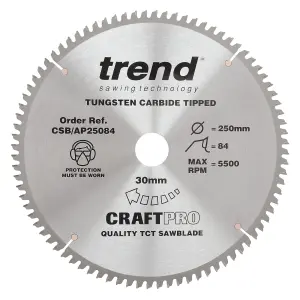 Trend CSB/AP25084 Mitre Table Saw Blade for Aluminium UPVC Plastic 250mm 84T